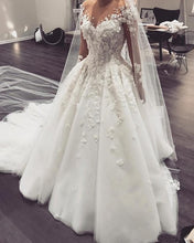 Load image into Gallery viewer, Luxury Arabic A Line Wedding Dress Princess Robe De Mariee 3d Flowers Beaded Appliques Wedding Gowns For Bride With Sleeves