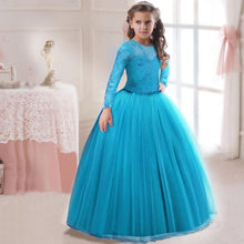 Load image into Gallery viewer, Flower Girl's Birthday Banquet Long Sleeve Lace Stitching Dress Elegant Girl's Wedding Long White Butterfly Lace Loop Dress