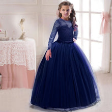 Load image into Gallery viewer, Flower Girl's Birthday Banquet Long Sleeve Lace Stitching Dress Elegant Girl's Wedding Long White Butterfly Lace Loop Dress