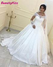 Load image into Gallery viewer, Lustrous Satin Lace Wedding Dress Ball Gown Modern Plus Size Wedding Gowns Long Sleeve Boat Neck Bridal Dresses 2020