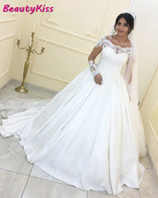 Load image into Gallery viewer, Lustrous Satin Lace Wedding Dress Ball Gown Modern Plus Size Wedding Gowns Long Sleeve Boat Neck Bridal Dresses 2020