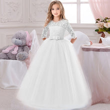 Load image into Gallery viewer, Flower Girl&#39;s Birthday Banquet Long Sleeve Lace Stitching Dress Elegant Girl&#39;s Wedding Long White Butterfly Lace Loop Dress
