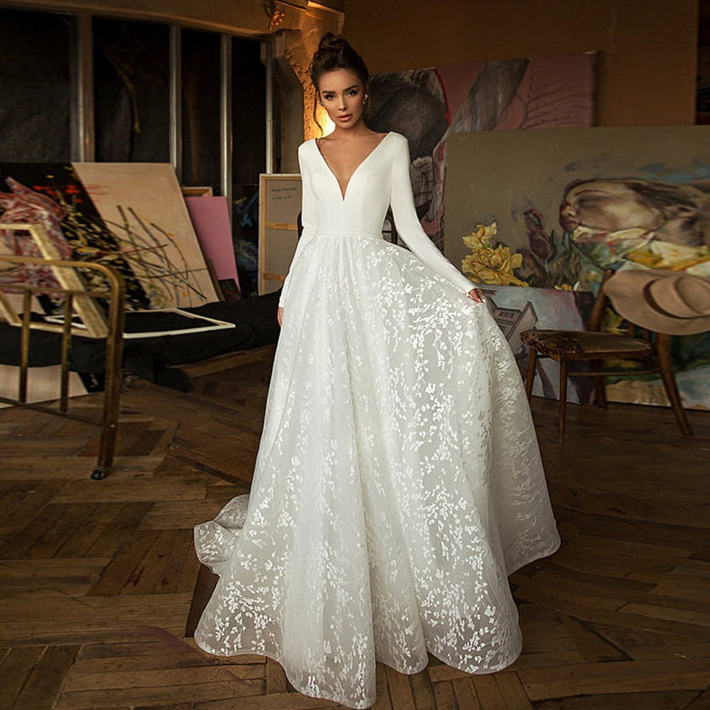 Booma Lace Wedding Dresses 2020 Long Sleeve V-neck Boho Bridal Gowns Satin Backless White Vestido de noiva Plus size custom-made