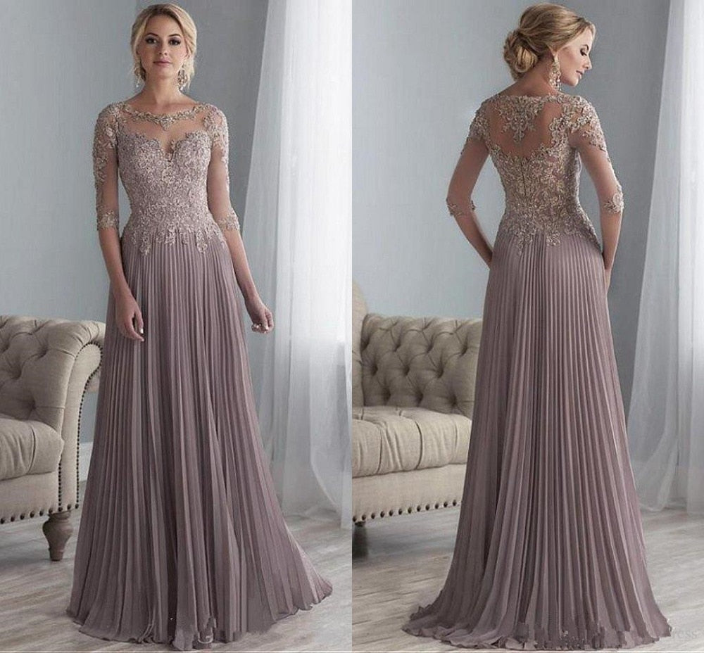 Plus Size Mother Of The Bride Dresses A-line Half Sleeves Chiffon Appliques Beaded Groom Long Mother Dresses For Wedding