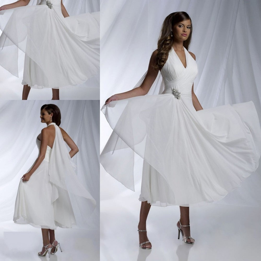 Cheap! New 2015 Free Shipping Simple A-line Halter Chiffon Short Wedding Dresses with Crystal Waist Bridal Gowns Charming ZM055