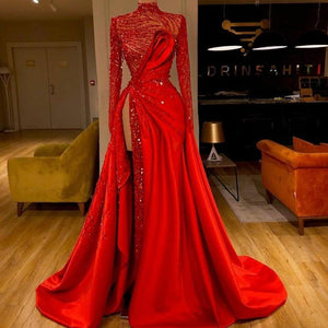 2020 Sparkle Red Evening Dresses Thigh High Slit High Collar Ruched Beading Prom Gowns Sequins Formal robe de soiree