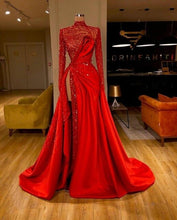 Load image into Gallery viewer, 2020 Sparkle Red Evening Dresses Thigh High Slit High Collar Ruched Beading Prom Gowns Sequins Formal robe de soiree
