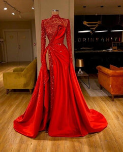 2020 Sparkle Red Evening Dresses Thigh High Slit High Collar Ruched Beading Prom Gowns Sequins Formal robe de soiree